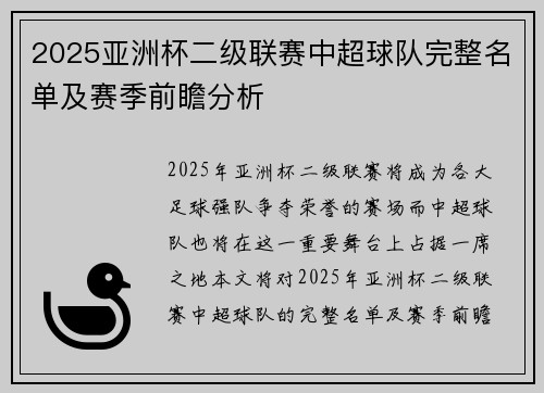 2025亚洲杯二级联赛中超球队完整名单及赛季前瞻分析